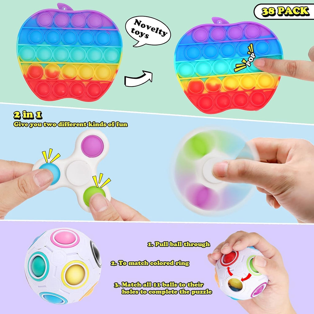 38Pcs Fidget Toys, Fidget Popits Pack Popper Mini Bulk Toy Set for Girls Boys, Treasure Chest Classroom Prizes Party Favors for Kids 8-12, Popit Dimple Sensory Toys Box for Autistic ADHD Kids Adults